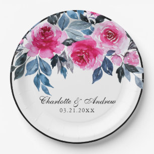 Prato De Papel Casamento Floral Romântico Cor De Rosa E Azul