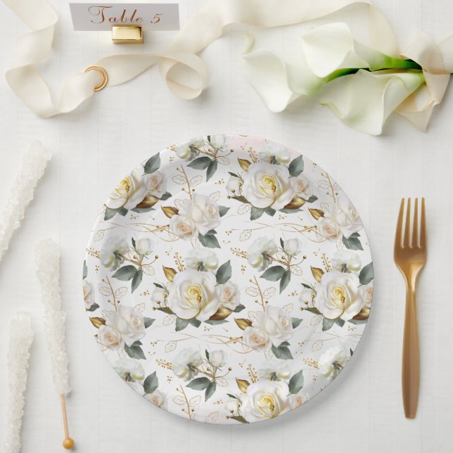 Prato De Papel Casamento Floral Romântico Dourado com Rosa Branca (Casamento)