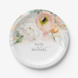 Prato De Papel Casamento Floral Rosa Pêssego e Pincel