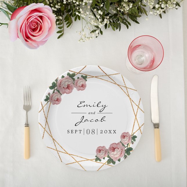 Prato De Papel Casamento Floral Rosa-Rosa Geométrico Dourado Eleg (Elegant Gold Glitter Geometric Pink Floral Wedding Paper Plates)