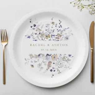 Prato De Papel Casamento Floral Roxo Branco Dourado Romântico