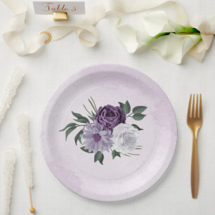 Prato De Papel casamento floral roxo e branco
