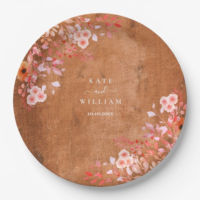Prato De Papel Casamento Floral Rustic Wood Peach Wildflower (Frente)