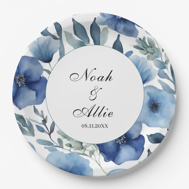Prato De Papel Casamento Floral Serene Blue (Frente)