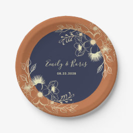 Prato De Papel Casamento Floral Terracota Azul Marinho