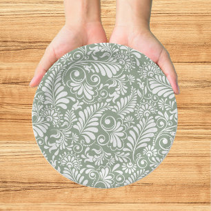 Prato De Papel Casamento Floral Verde de Swirl Sage Ornamentado E