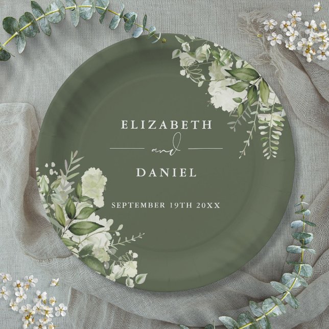 Prato De Papel Casamento Floral Verde Oliva Elegante (Greenery Floral Elegant Olive Green Wedding Paper Plates)