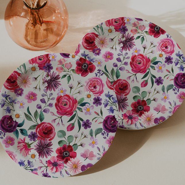 Prato De Papel Casamento Floral Vermelho (Red Floral Watercolor Wedding Paper Plates by Painted Paperie
)