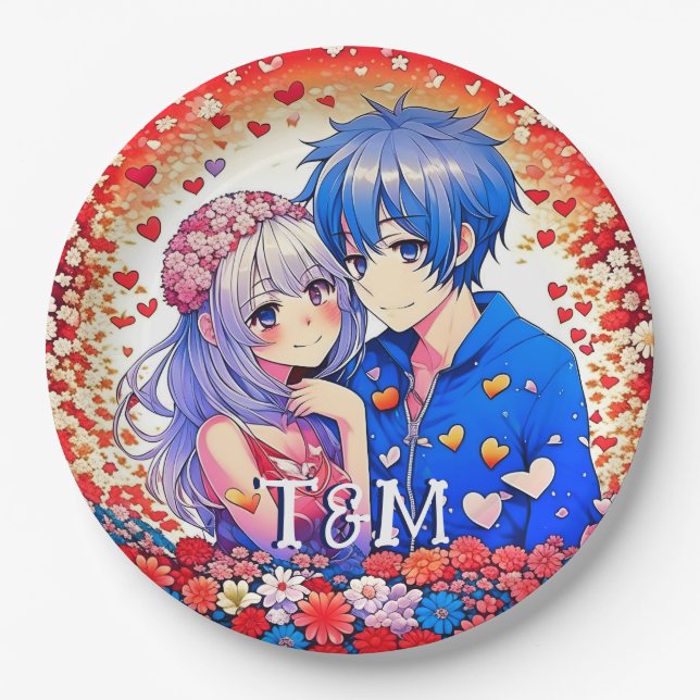 Prato De Papel Casamento Fofo com Tema de Anime (Frente)
