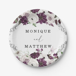 Prato De Papel Casamento Geométrico de Prata de Rosas Brancas Vio