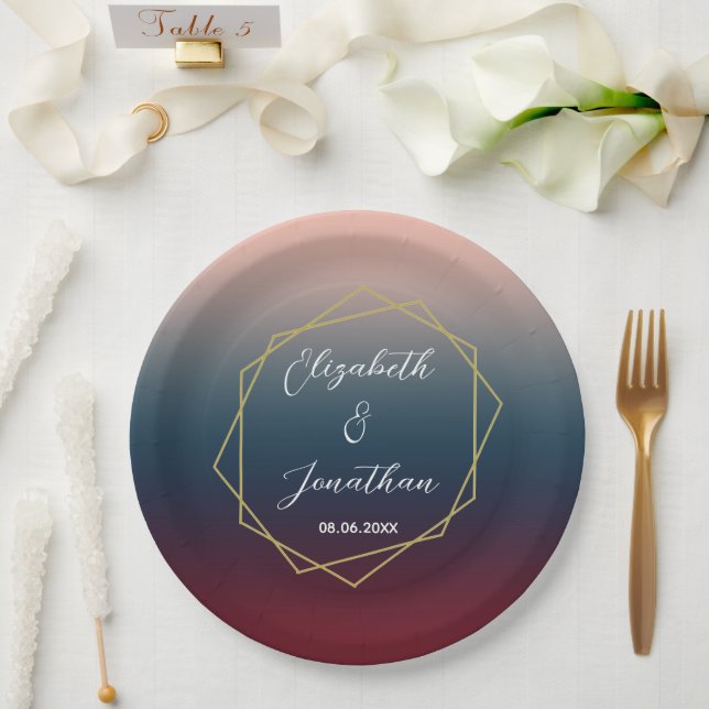 Prato De Papel Casamento Geométrico do Ombre Blush Marinho Burgun (Casamento)