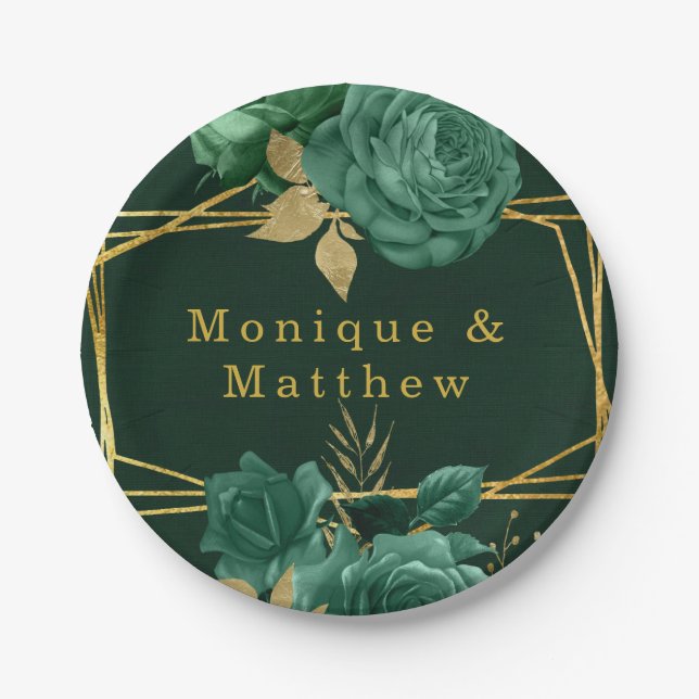 Prato De Papel Casamento Geométrico Dourado Emerald Green (Frente)