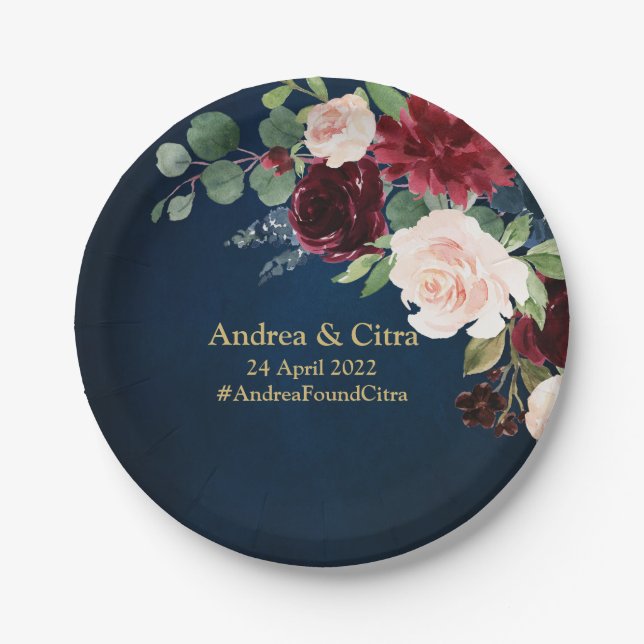 Prato De Papel Casamento Geométrico Dourado Floral Blush Marinho  (Frente)