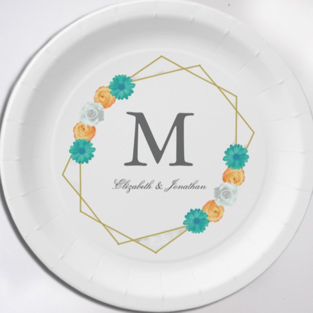 Prato De Papel Casamento Geométrico Laranja Teal Floral (Criador carregado)