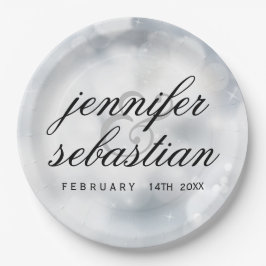 Prato De Papel Casamento Glamoroso Prata Bokeh Monograma Luz