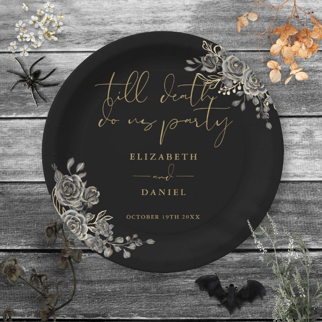 Prato De Papel Casamento Gótico Floral De Rosas Pretos E Dourados (Black And Gold Roses Floral Gothic Wedding Paper Plates)