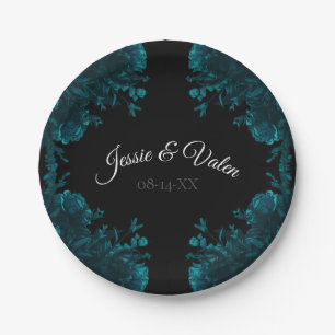 Prato De Papel Casamento Gótico Negro Rosa Teal