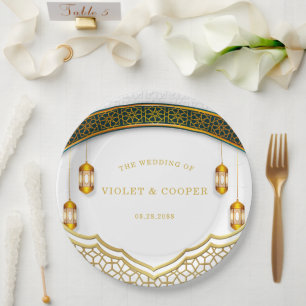 Prato De Papel Casamento Islâmico Dourado e Branco moderno