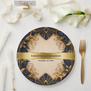 Prato De Papel Casamento jantar art déco dourado marinho gatsby