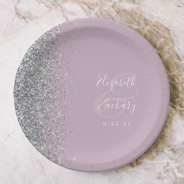 Prato De Papel Casamento Lilac com Derrame de Prata Moderna (Criador carregado)