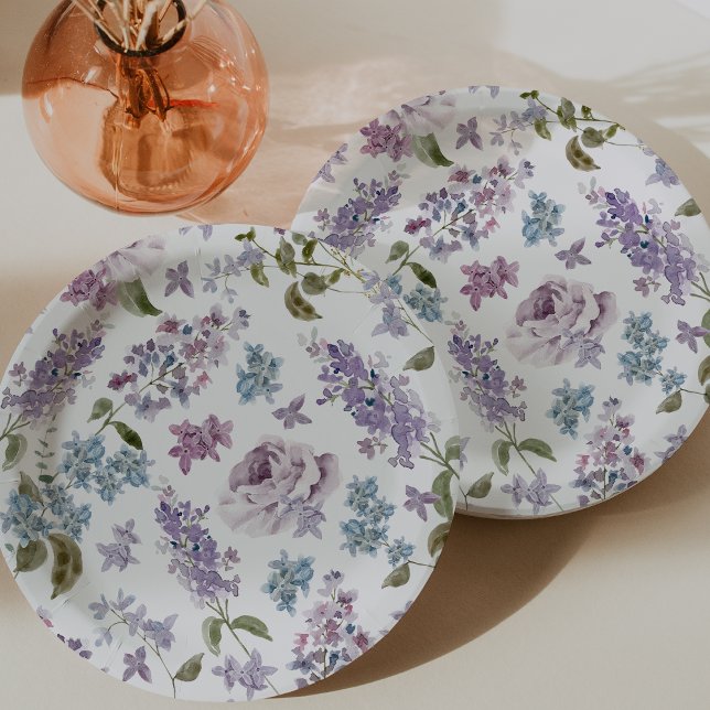 Prato De Papel Casamento Lilás Elegante (Elegant Lilac Floral Wedding Paper Plates by Painted Paperie
)
