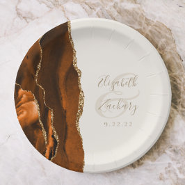 Prato De Papel Casamento Marrom Laranja Ágata Dourado Marfim