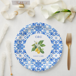Prato De Papel Casamento mediterrânico de azulejos azuis e limões