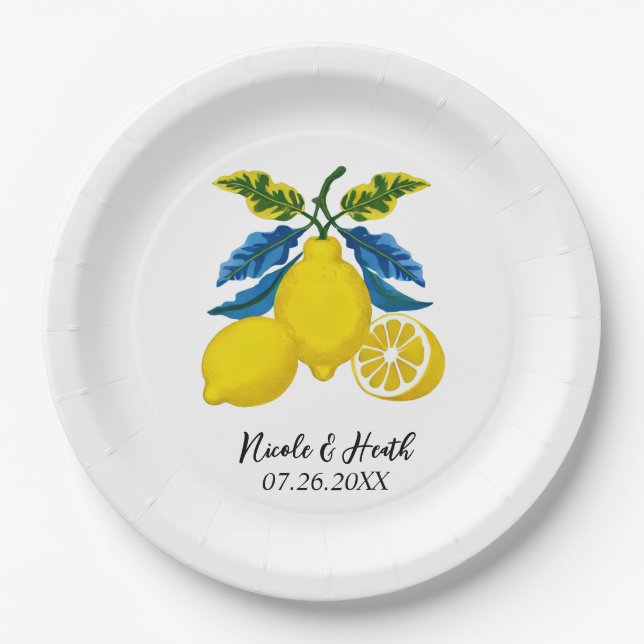 Prato De Papel Casamento mediterrânico de Lemon Amarelo Azul (Frente)
