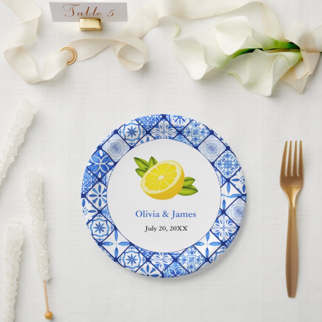 Prato De Papel Casamento mediterrânico de Limão Azulejo Azul (Casamento)