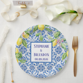 Prato De Papel Casamento mediterrânico dos Azulejos Limões