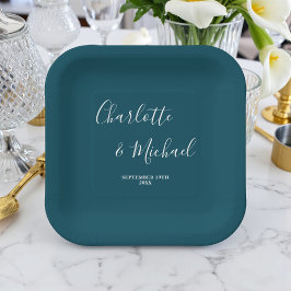 Prato De Papel Casamento Minimalista com Letra Caligráfica Azul T