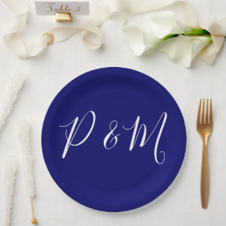 Prato De Papel Casamento Minimalista de Indigo Azul e Branco