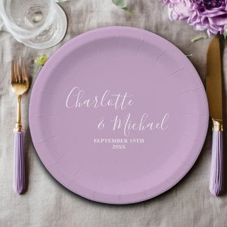Prato De Papel Casamento Minimalista de Script Roxo Lilac