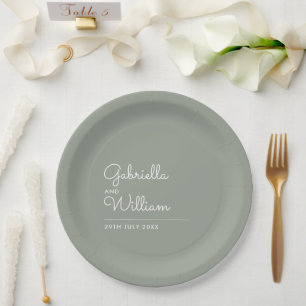 Prato De Papel Casamento Minimalista Elegante em Verde Sage com L