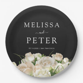 Prato De Papel Casamento Mínimo Elegante Negro Branco Floral