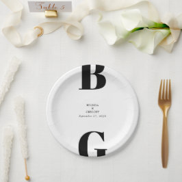 Prato De Papel Casamento Mínimo Moderno do Monograma Negro e Bran