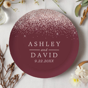 Prato De Papel Casamento Moderno Burgundy com Confetes em Dourado