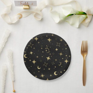 Prato De Papel Casamento Moderno Celestial Lua Estrelas Preto e D