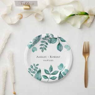 Prato De Papel Casamento Moderno Elegante Teal Greenery Watercolo