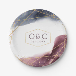 Prato De Papel Casamento Moderno Geométrico Dusk Watercolor
