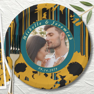 Prato De Papel Casamento Moderno Girassol Azul Teal Dourado