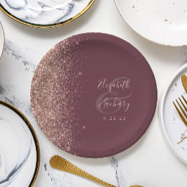 Prato De Papel Casamento Moderno Rosa Dourado Brilho Burgundy Esc