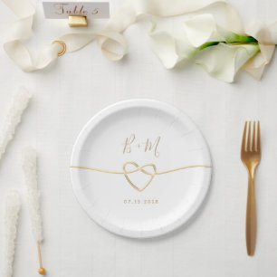 Prato De Papel Casamento Monograma Simples Branco e Dourado
