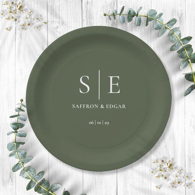 Prato De Papel Casamento Monograma Verde Oliva (Olive Green Monogram Wedding Paper Plates)