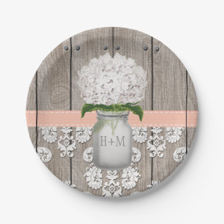 Prato De Papel Casamento Monogrammed Mason Jar Peach Hydrangea