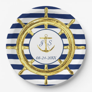 Prato De Papel Casamento Náutico Dourado com Faixa Azul marinho