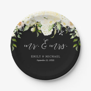Prato De Papel Casamento Negro Floral Romântico de Ivory Cream