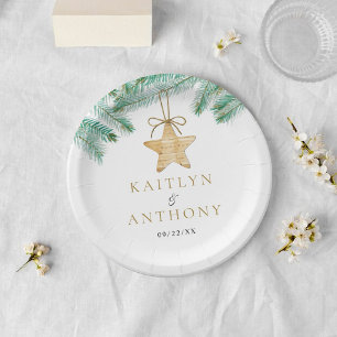 Prato De Papel Casamento no inverno de Natal Watercolor Pine Boug