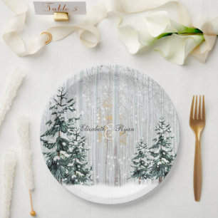 Prato De Papel Casamento no inverno Sparkle Snowflakes Pine Trees