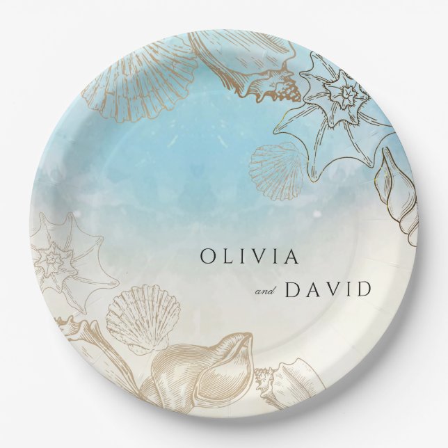 Prato De Papel Casamento no Mar de Verão Blue Ocean Beach Wedding (Frente)